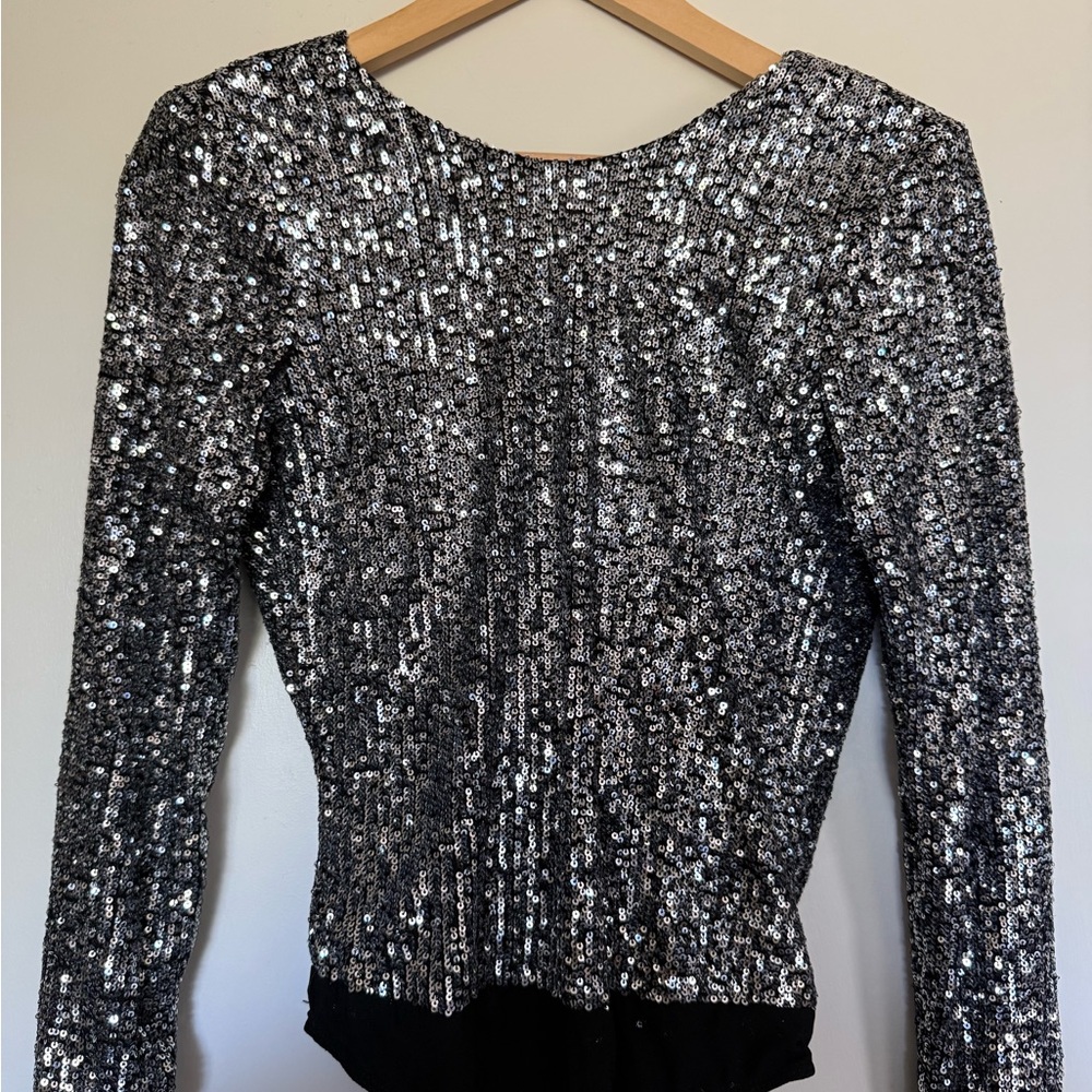 Lulu's Silver Sequin Long Sleeve Bodysuit